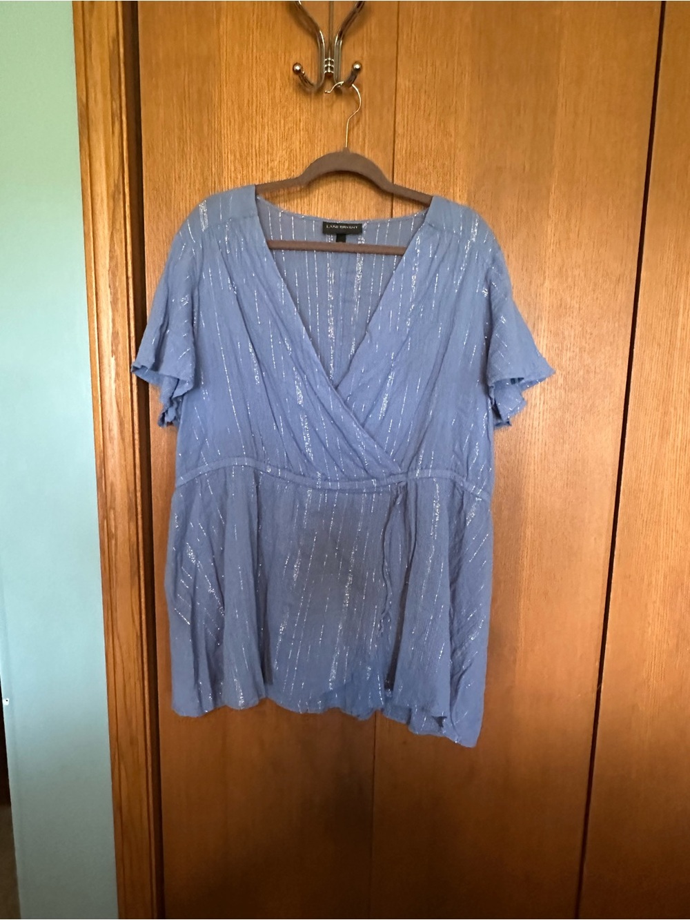 Lane Bryant Light Blue Metallic-Striped Wrap Tunic